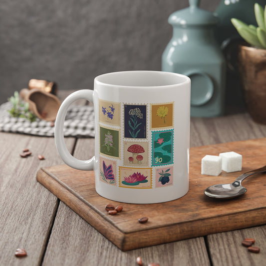 Botanical Stamp Collage Mug — 11oz Ceramic Coffee Mug | Nature Lover Gift | Cottagecore Mug | Wildflower Mug