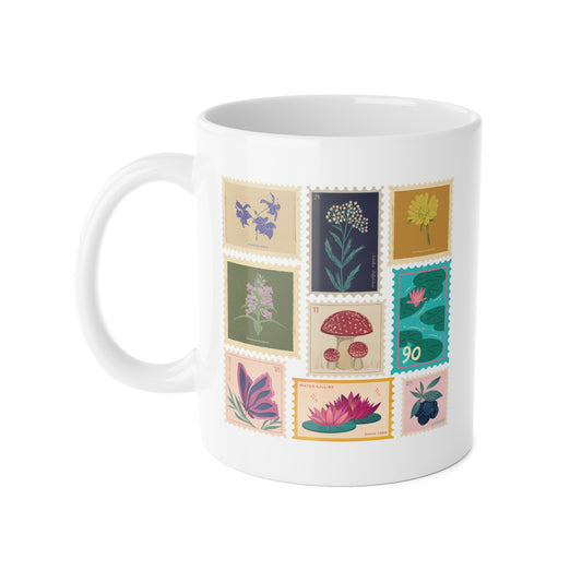 Botanical Stamp Collage Mug — 11oz Ceramic Coffee Mug | Nature Lover Gift | Cottagecore Mug | Wildflower Mug